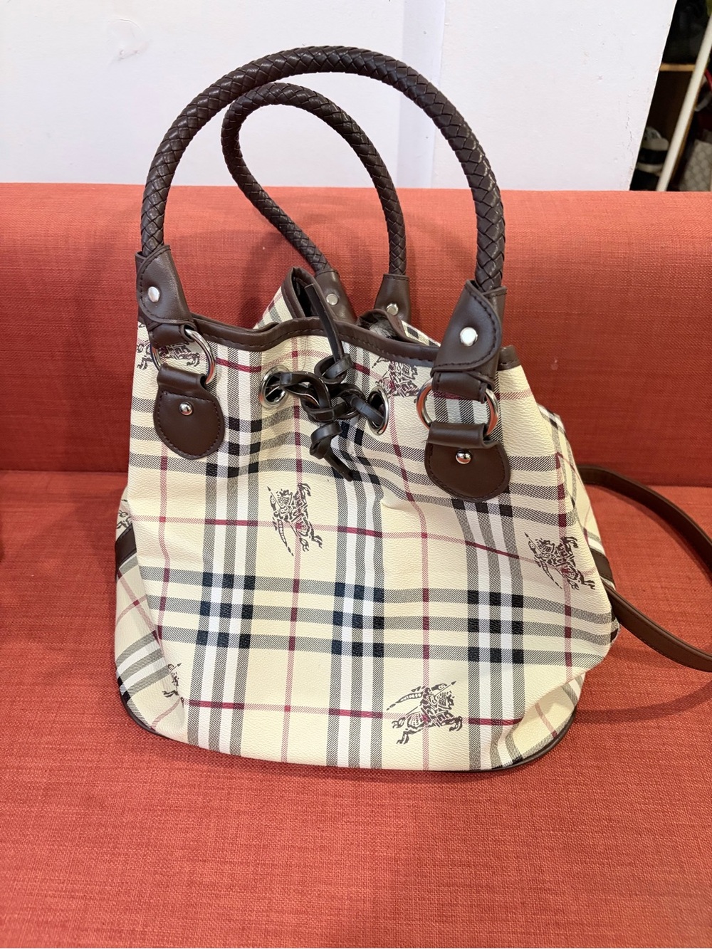 Burberry Drawstring Tote Bag with Brown Trim